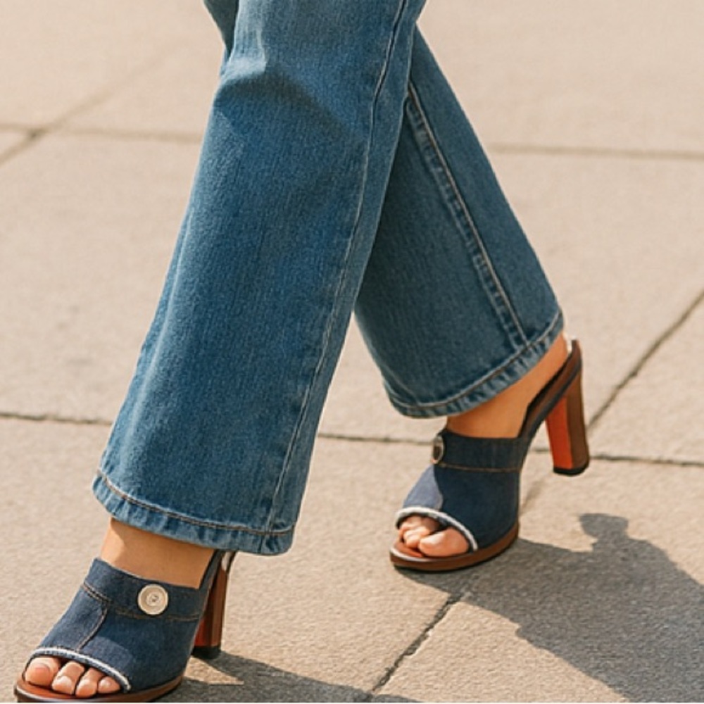 Christian Louboutin Denim Blue Open-Toe Wedge Sandals with Red Heel Accent